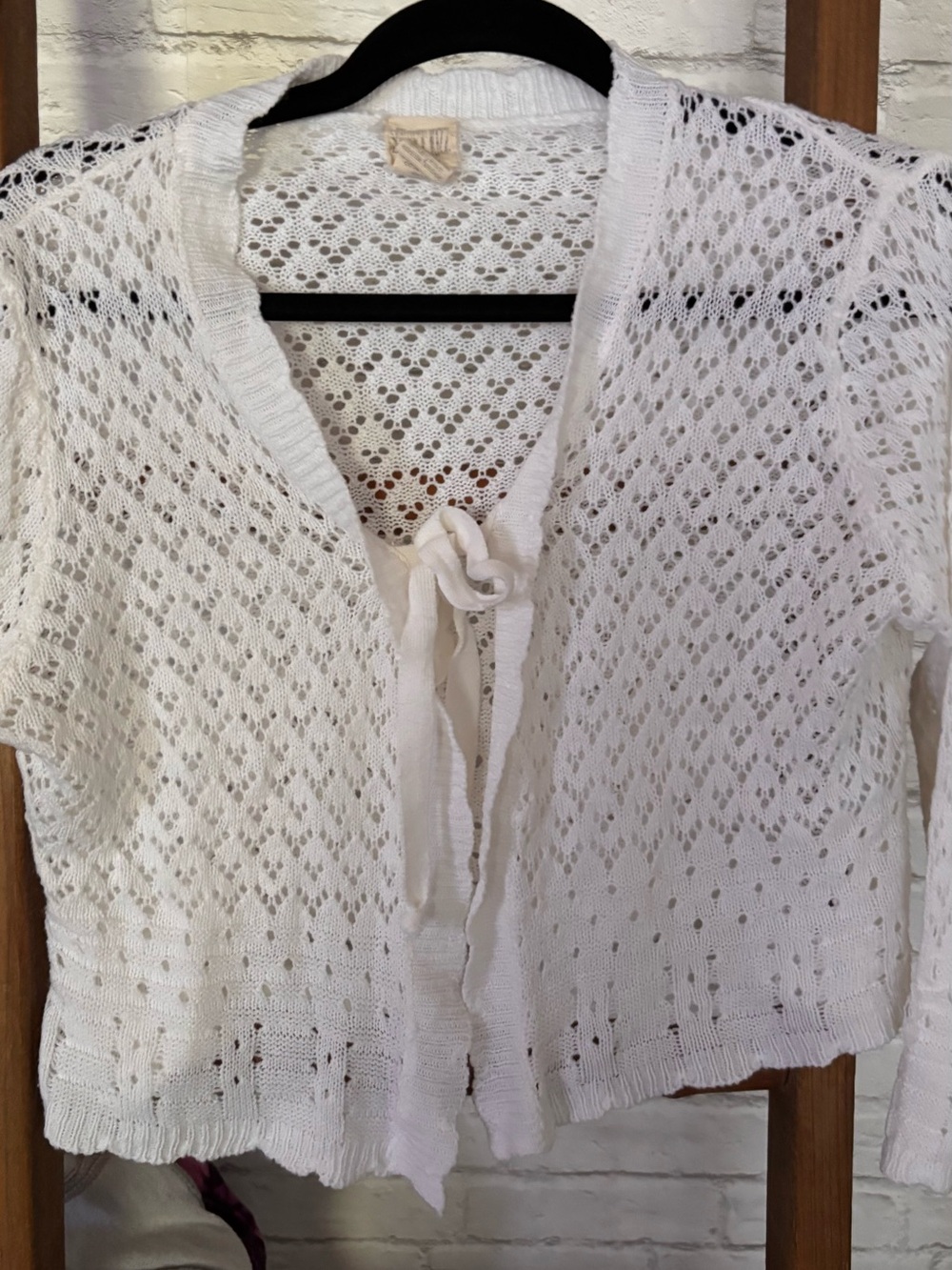 White Open-Knit Tie-Front Cardigan Sweater for Women